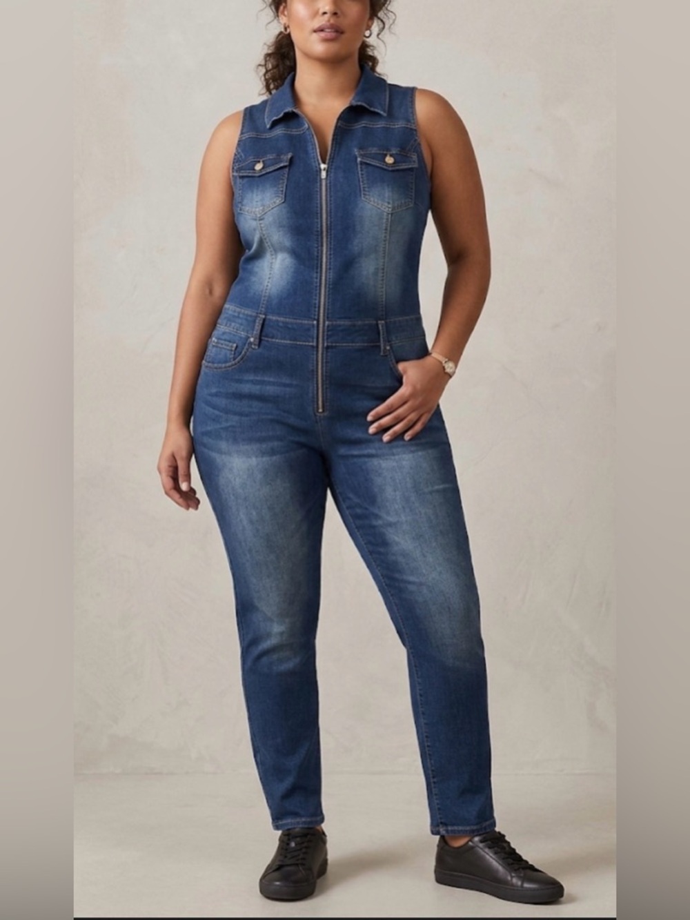 Y2K V.I.P. Sleeveless Denim Zip-Front Jumpsuit in Dark Blue Size 19/20